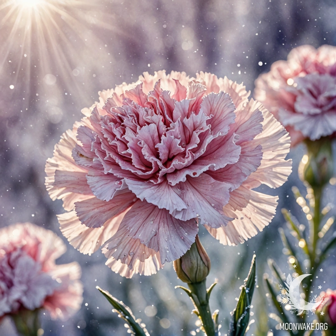 Нежная лаванда гвоздика, покрытая инеем и освещенная солнечными лучами.