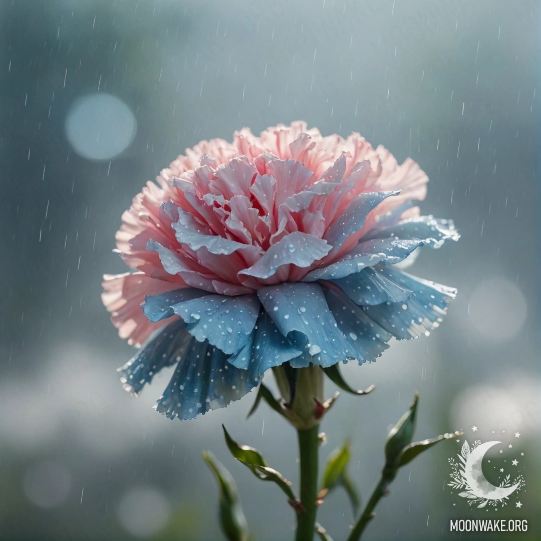 Нежная голубая гвоздика, окруженная туманом и дождем, озаренная солнечными лучами.