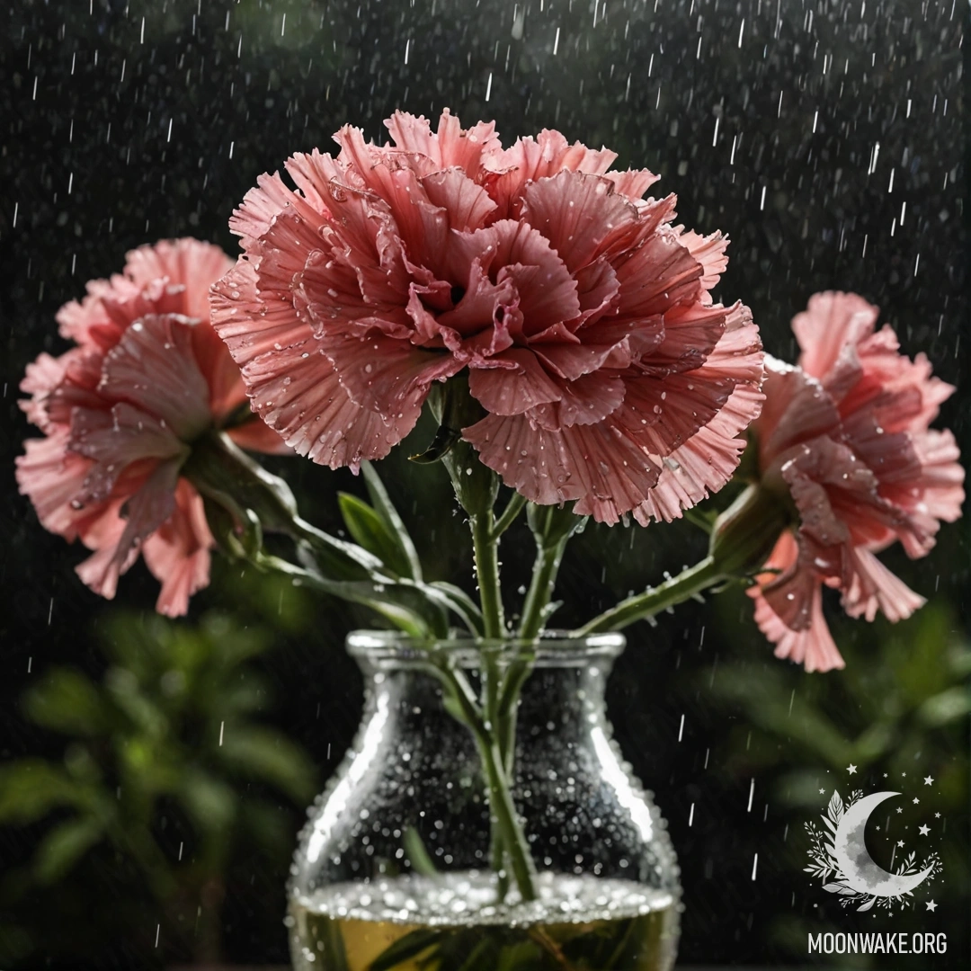 Салатовый вазон с нежной гвоздикой, залитой дождём под ночным небом.