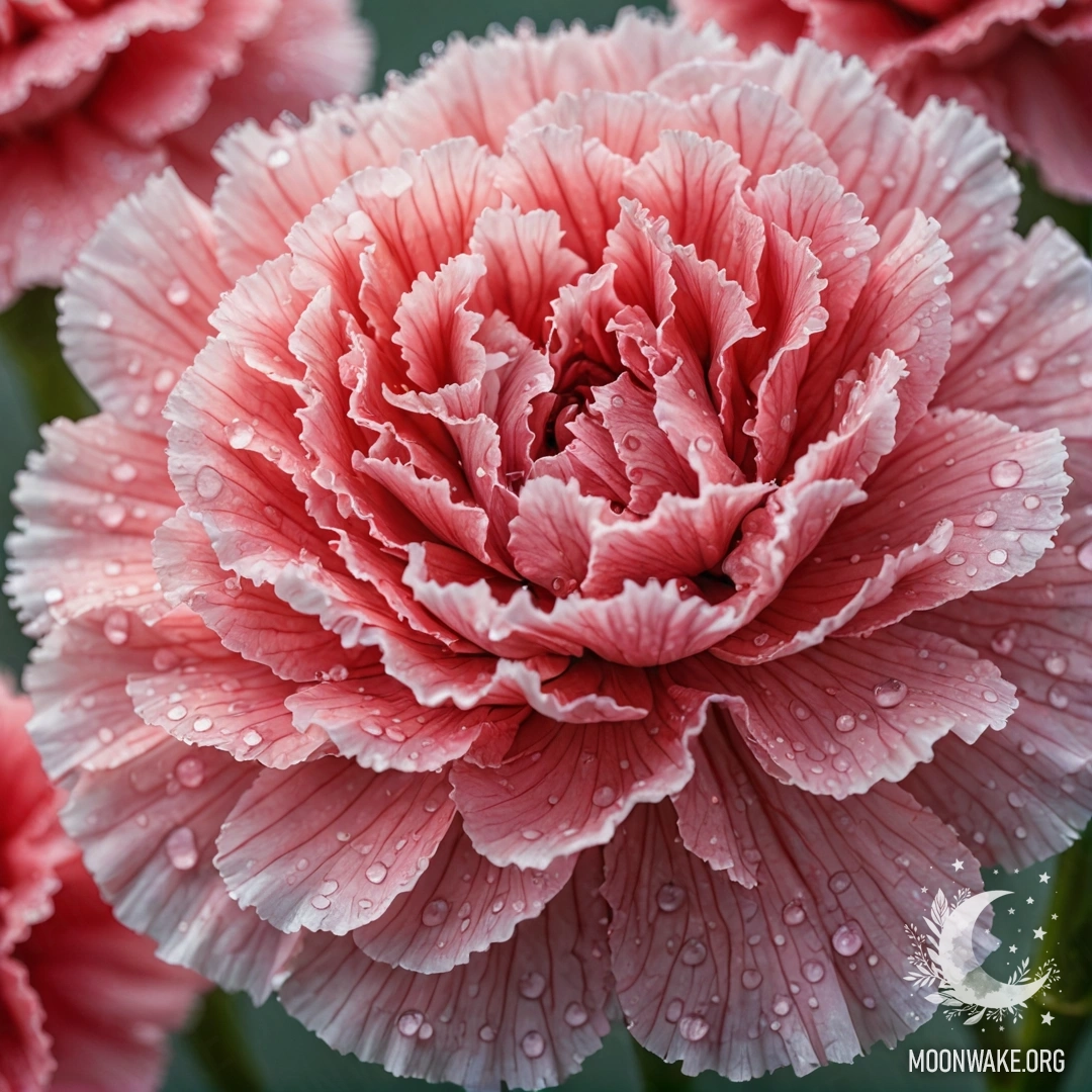 Нежная гвоздика, украшенная сверкающими каплями росы в оттенках морской волны.