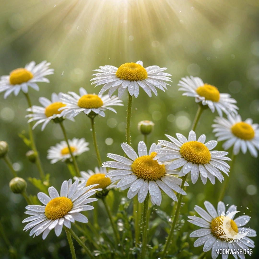 Нежный букет ромашек, украшенный каплями росы, освещённый солнечными лучами.