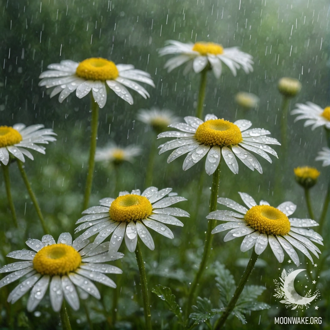 Нежная ромашка, окруженная туманом и каплями дождя, с украшением из лаймовых стразов.