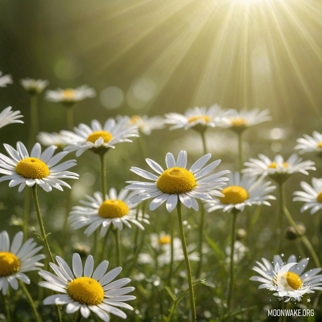 Спокойная цифровая картина с ромашками, освещёнными солнечными лучами.