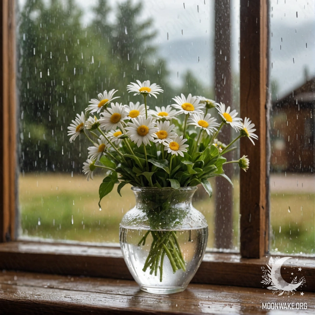 Стеклянная ваза с ромашками стоит на деревянном винтажном подоконнике под мягким дождем.