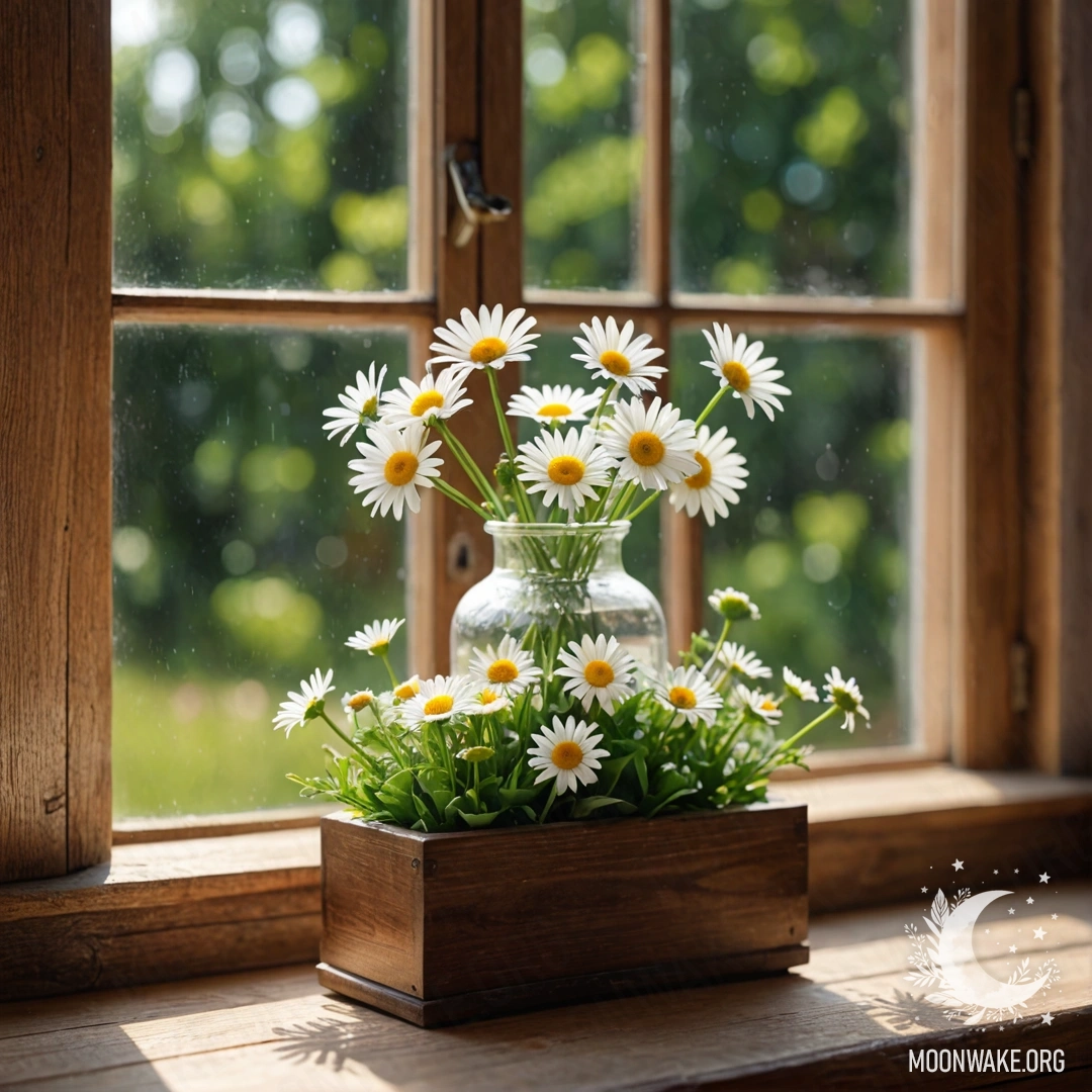 Стеклянная ваза с ромашками на деревянном винтажном подоконнике, освещенная гирляндами.