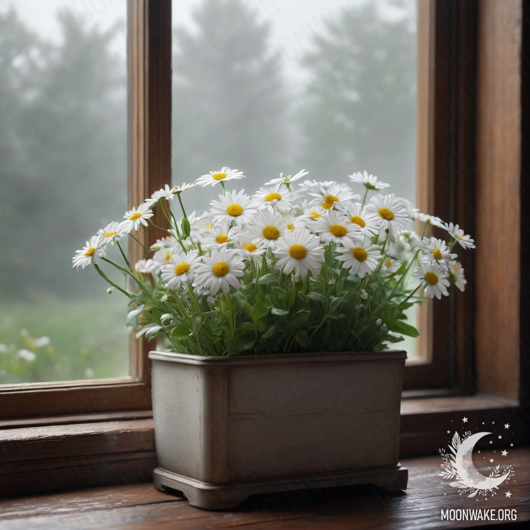 Стеклянная ваза с ромашками на деревянном винтажном подоконнике, окруженная густым туманом.