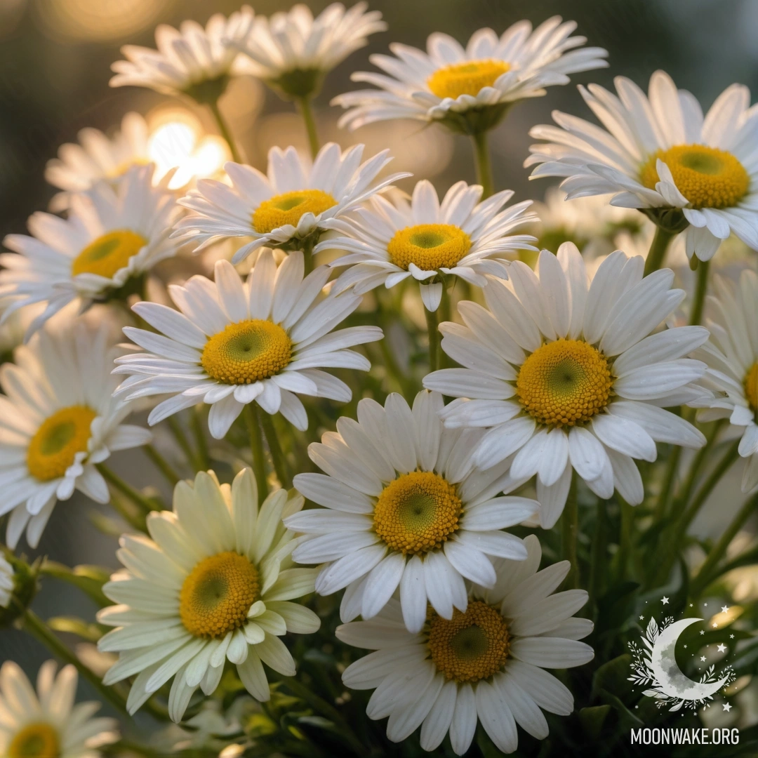 Букет нежных ромашек цвета лайм на фоне заката.