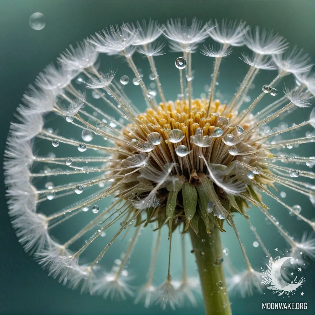 Нежный одуванчик аквамаринового цвета, украшенный каплями росы и стразами.