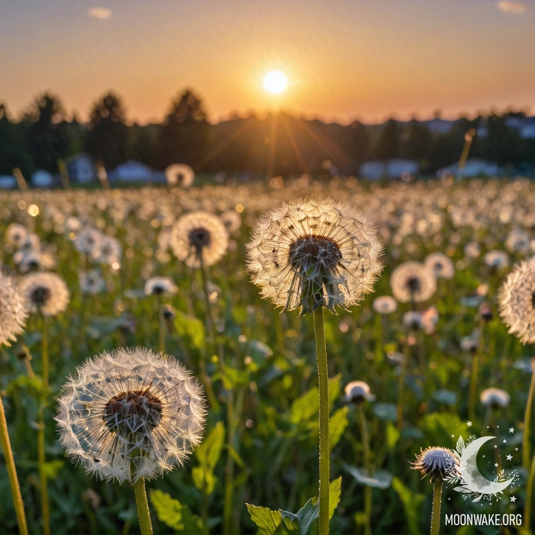 Крупный план одуванчиков на поле с боке неба на закате.