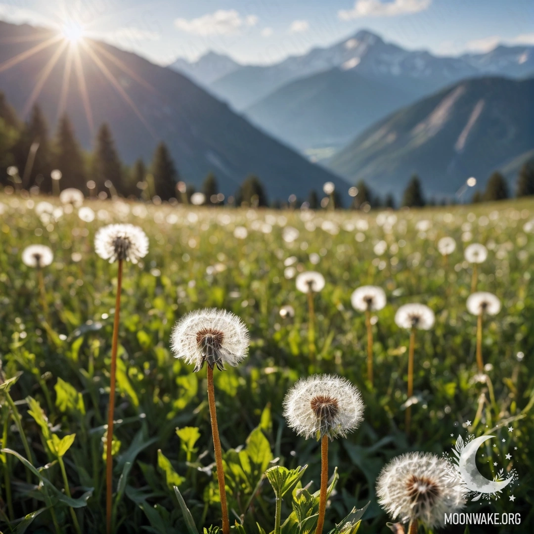 Крупный план одуванчиков на поле с размазанными горами на заднем плане.