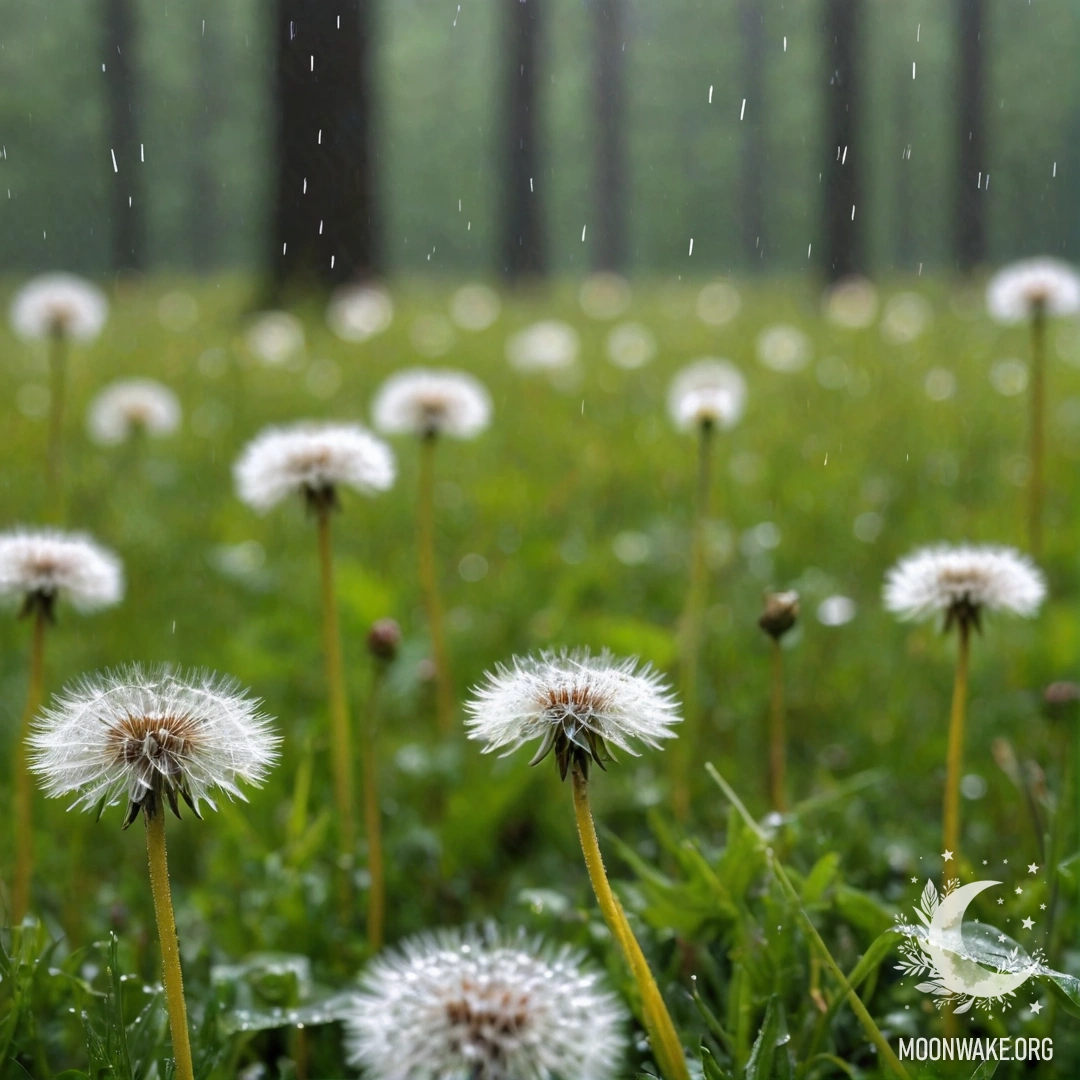 Крупный план одуванчиков на поле с размытым фоном леса и дождем.