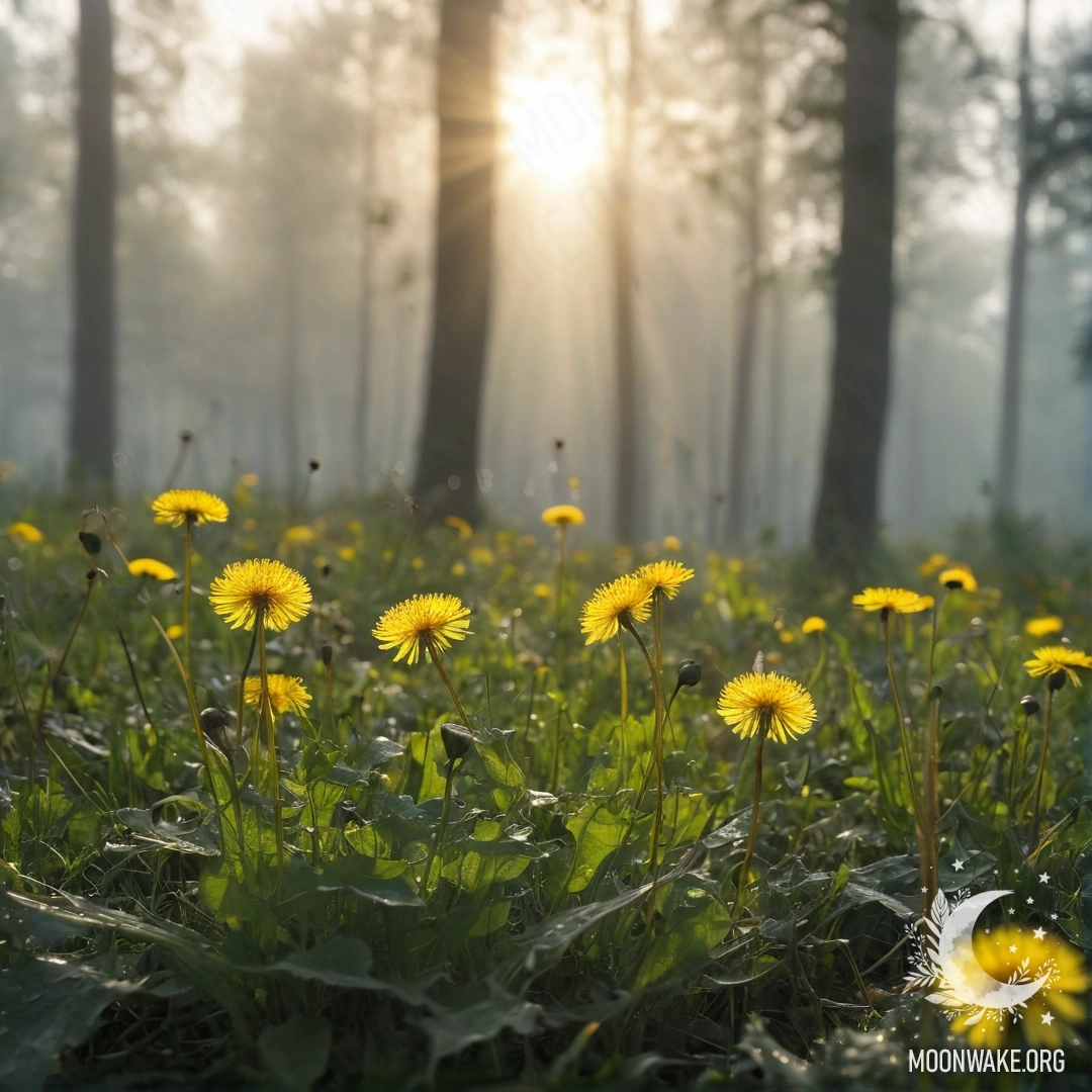Крупный план одуванчиков на поле с размытой лесной задней планом и солнечными лучами, пробивающимися сквозь деревья