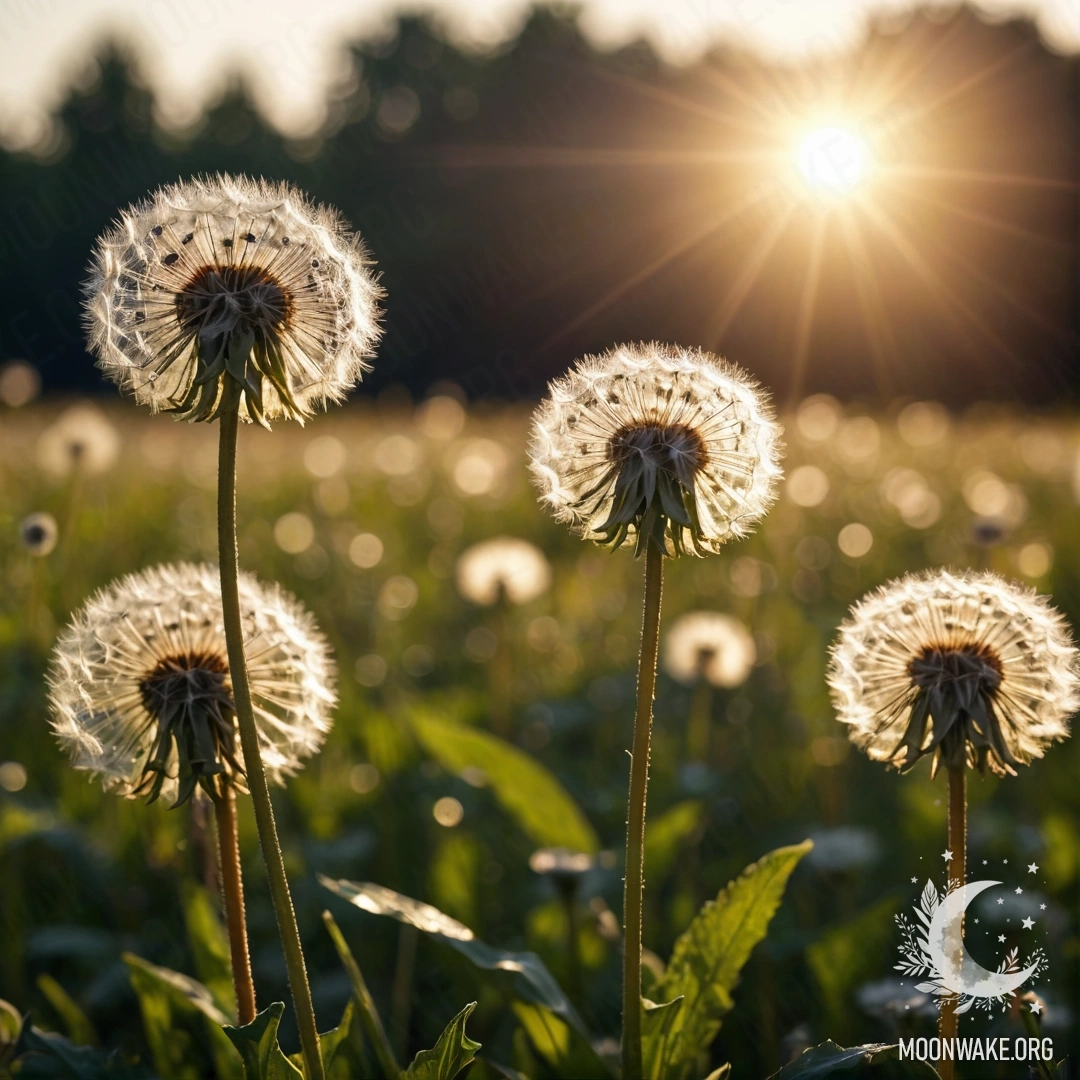 Крупный план нежных одуванчиков на фоне боке неба, залитого солнечными лучами.