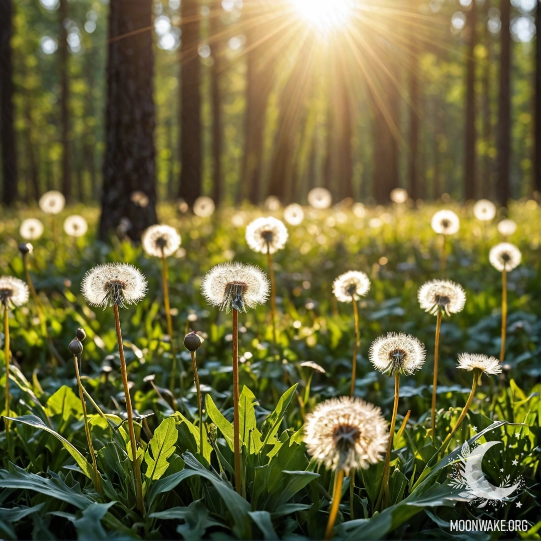 Крупный план нежных одуванчиков на фоне слегка размытого леса, залитого солнечными лучами.