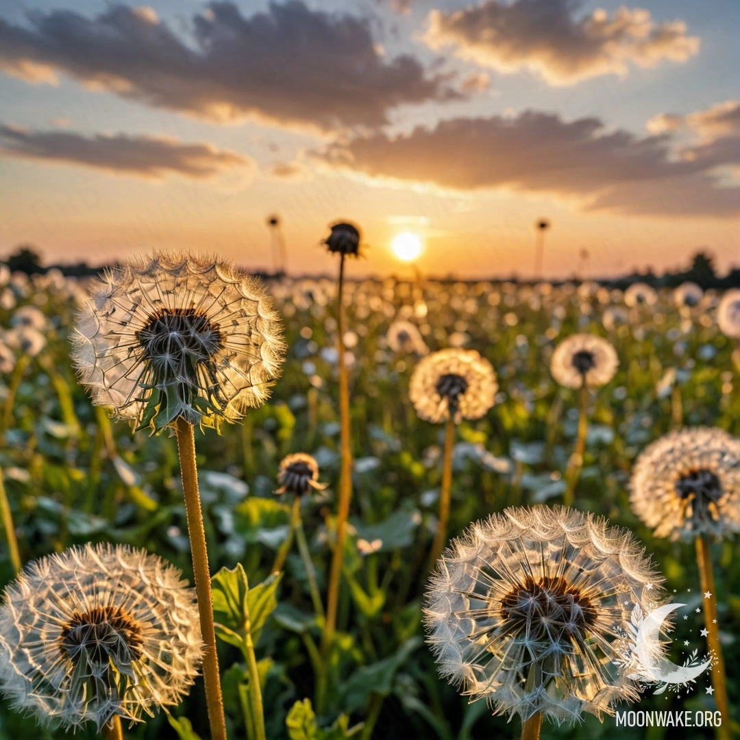 Крупный план нежных одуванчиков на поле под боке неба на закате