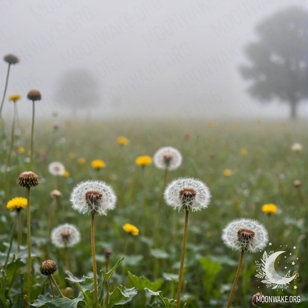 Крупный план милых одуванчиков с размытыми полевыми цветами в густом тумане.