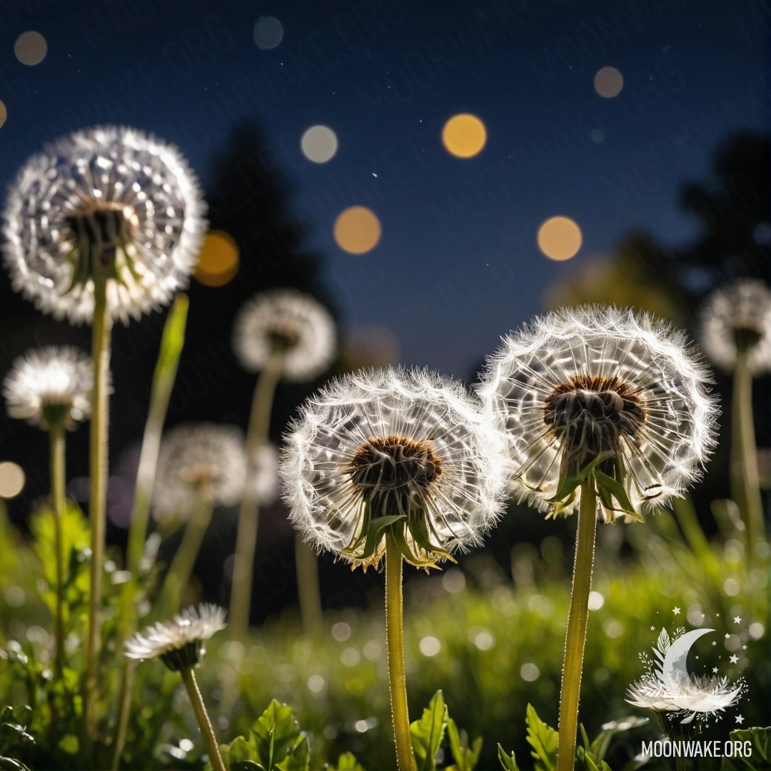 Крупный план нежных одуванчиков на фоне размытого ночного неба