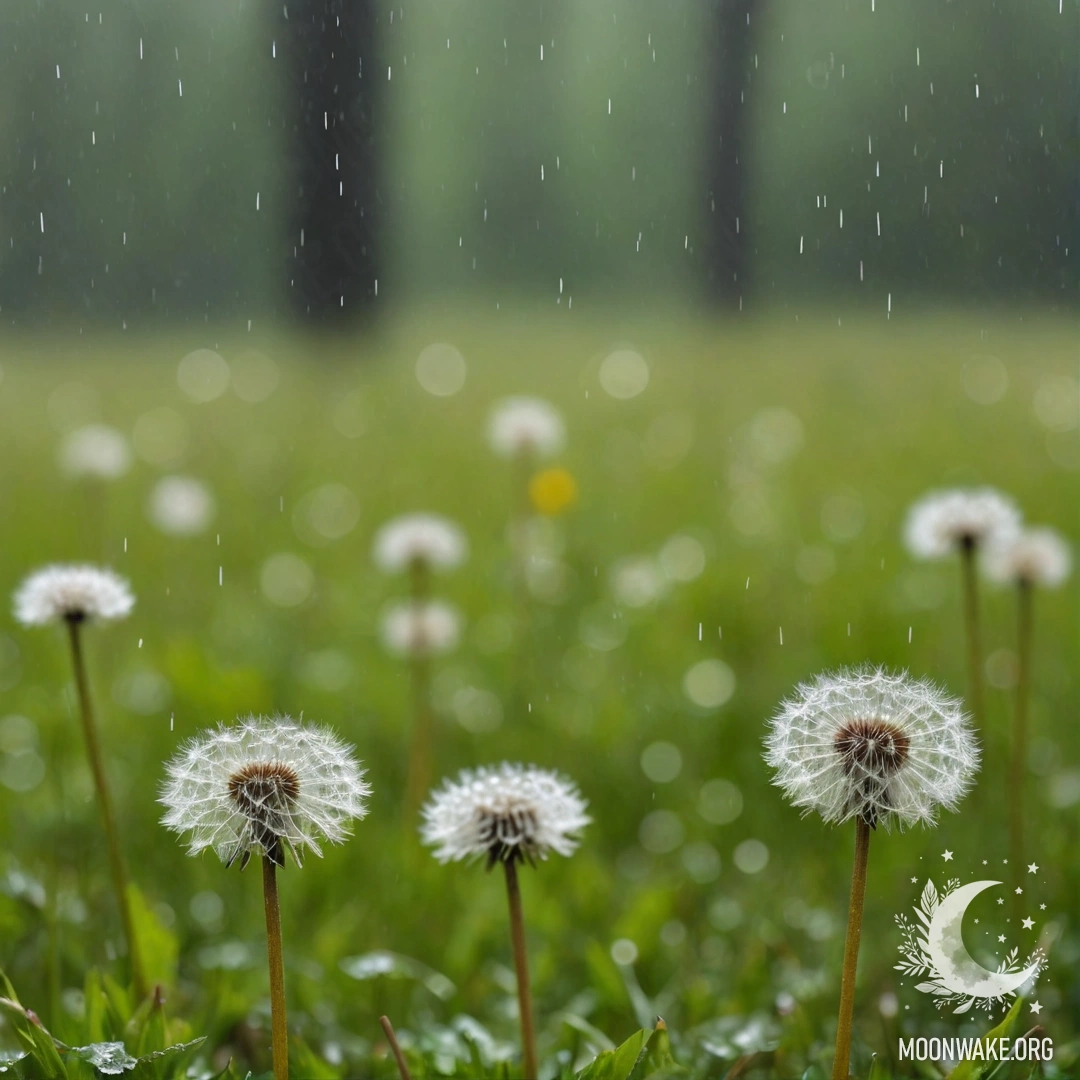 Близкий план одуванчиков на поляне с размытым фоном леса, дождь