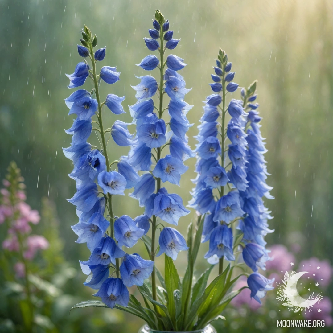 Нежный дельфиний цветок в вазе, окруженный туманом и дождем, с лучами солнечного света, пробивающимися сквозь облака.