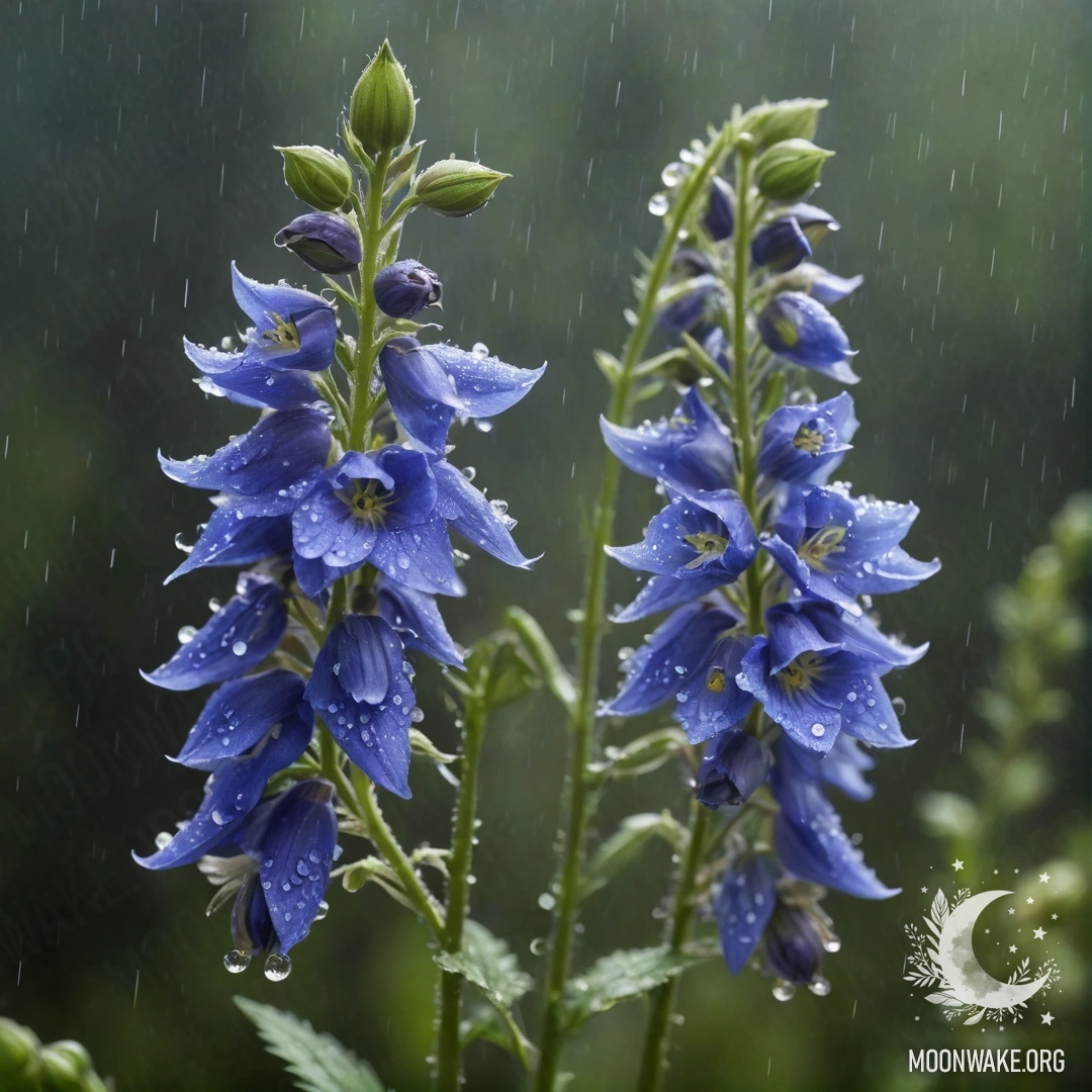 Нежный цветок дельфиниума, окруженный дымкой и дождем ночью.