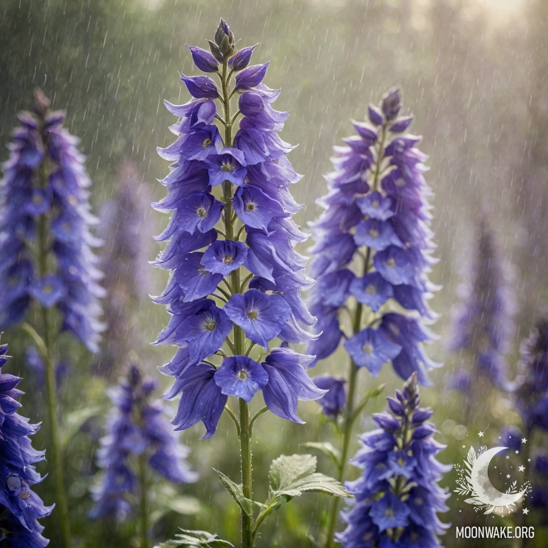 Нежный лавандовый делфиниум, окутанный туманом под легким дождем с солнечными лучами на заднем плане.