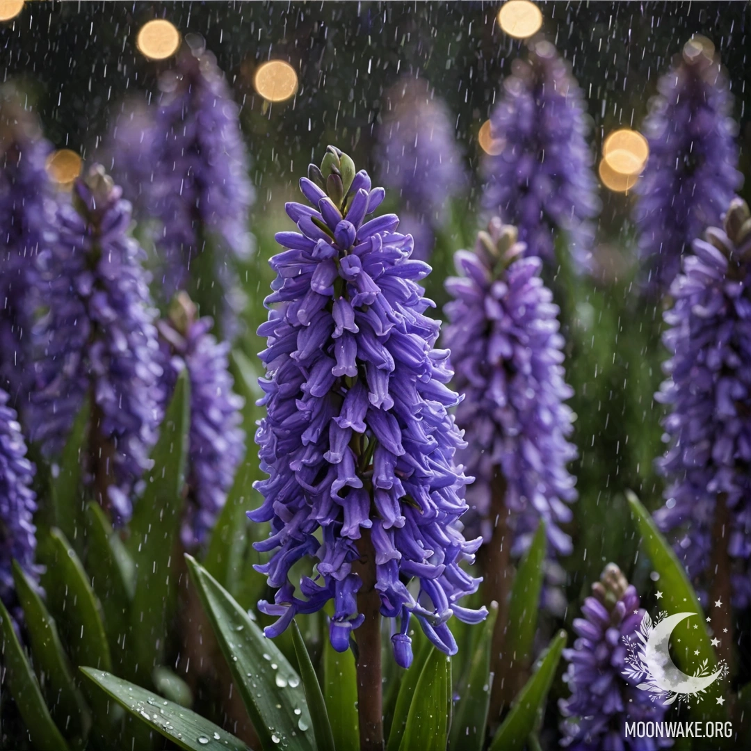 Нежный мятный дельфиниум, убранный дождем, с солнечными лучами, пробивающимися сквозь капли влаги.