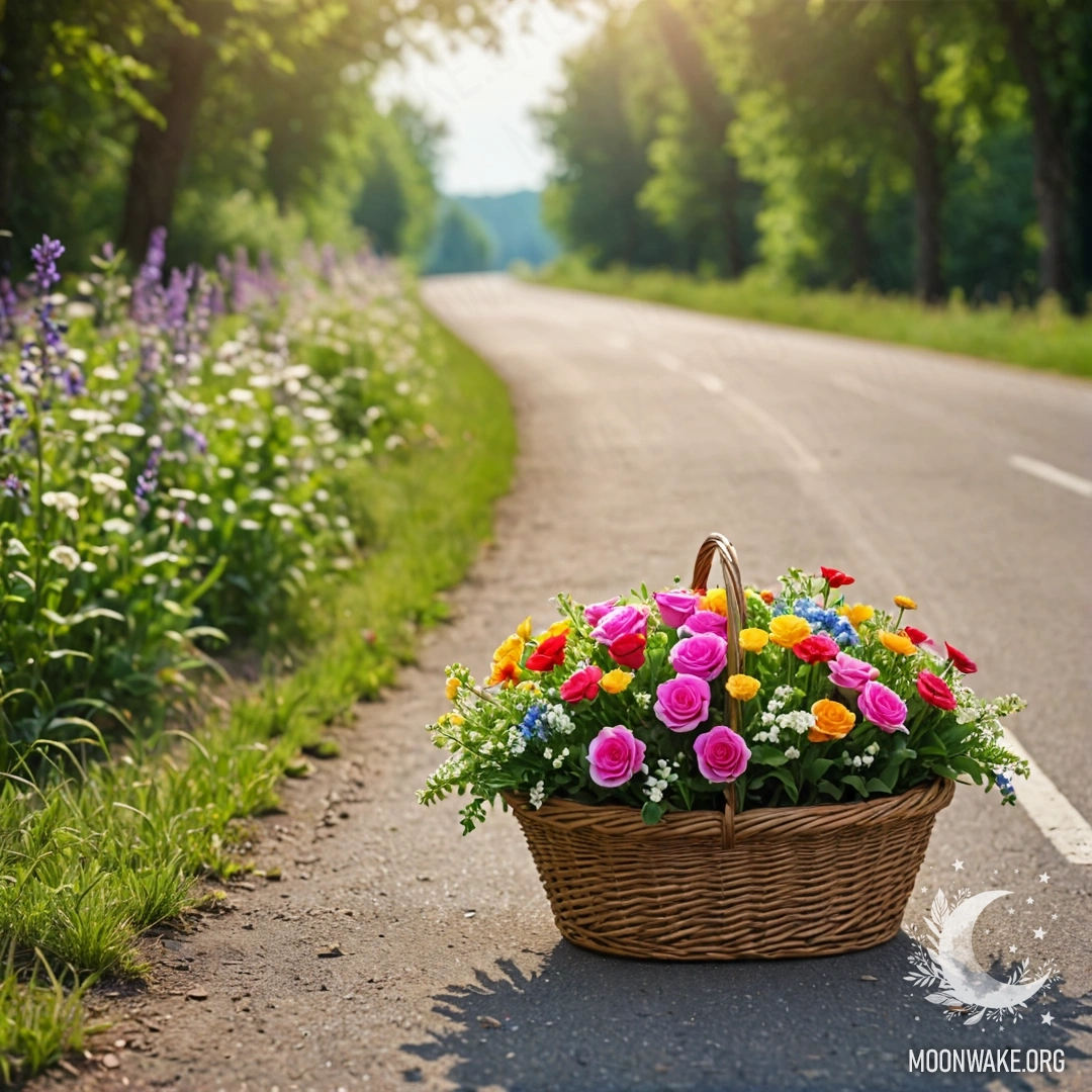 Грунтовый путь, украшенный корзиной с цветами и размытым фоном деревьев.
