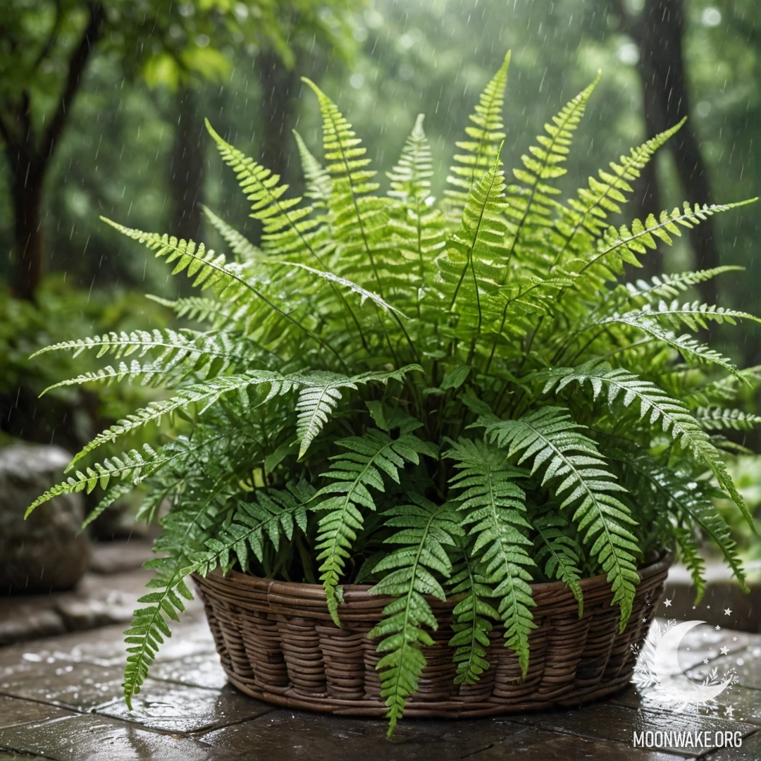 Корзина мятного цвета с нежным папоротником, залитая солнечными лучами под дождем.