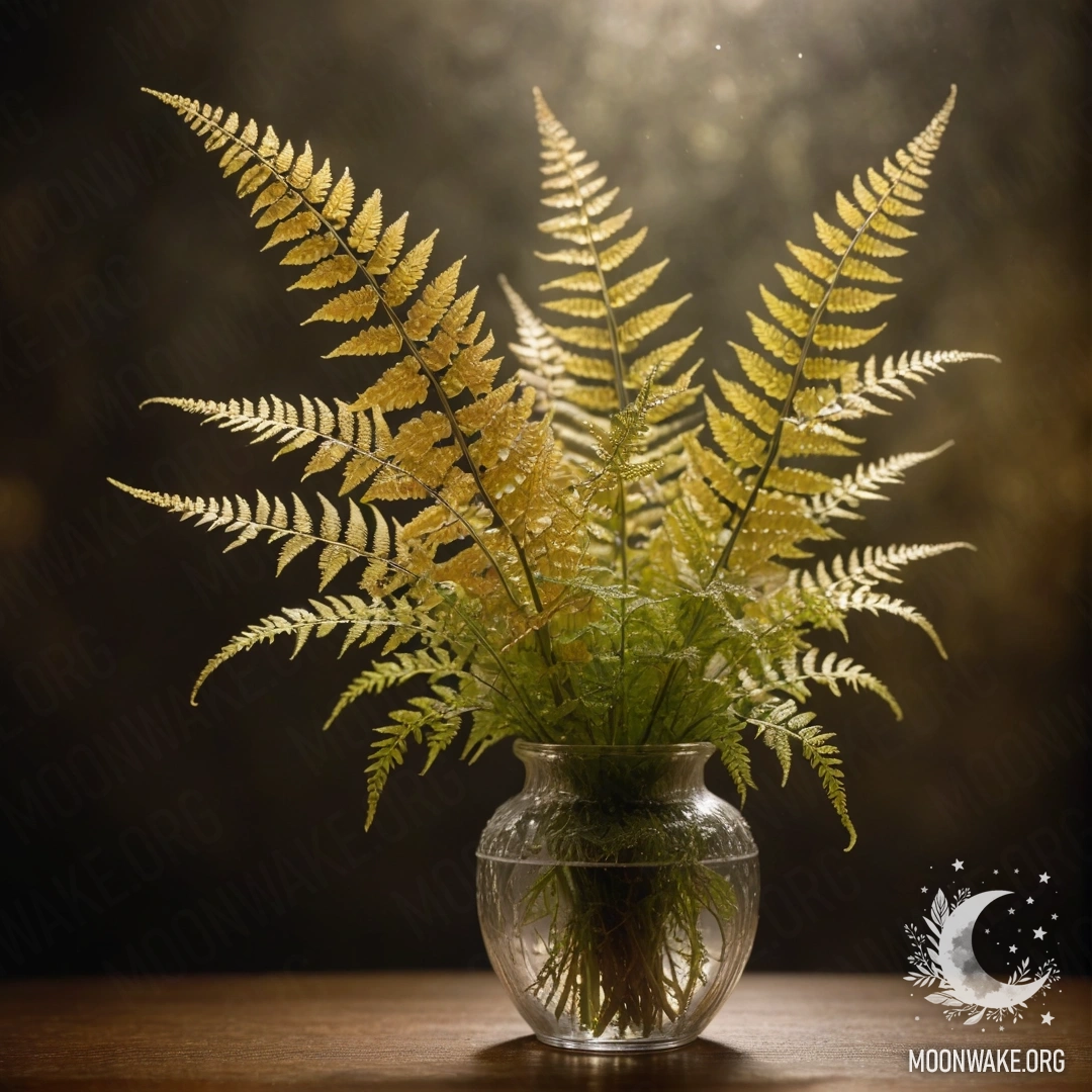 Золотая ваза с нежным папоротником, окутанным туманом ночью.