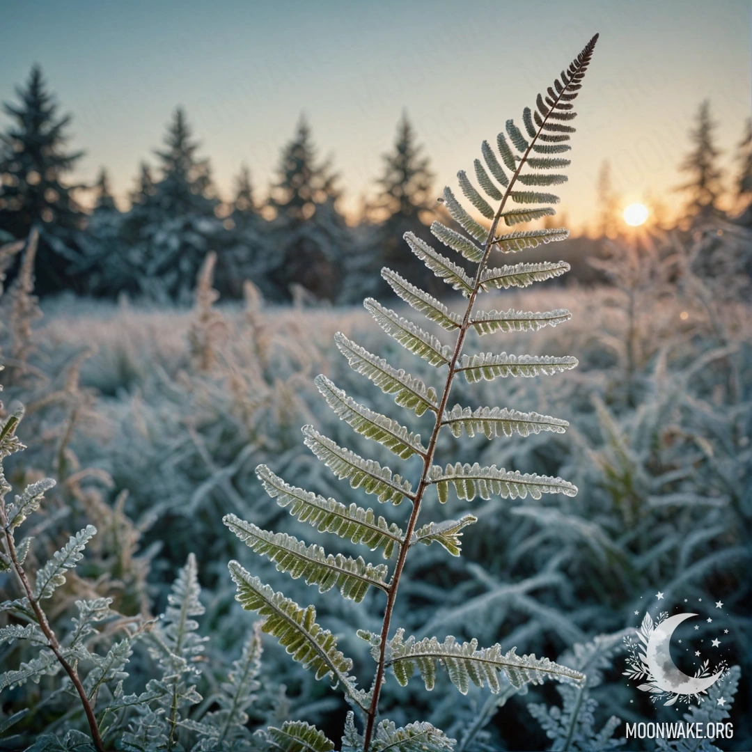 Нежный папоротник, покрытый морозом, на фоне аквамаринового заката.