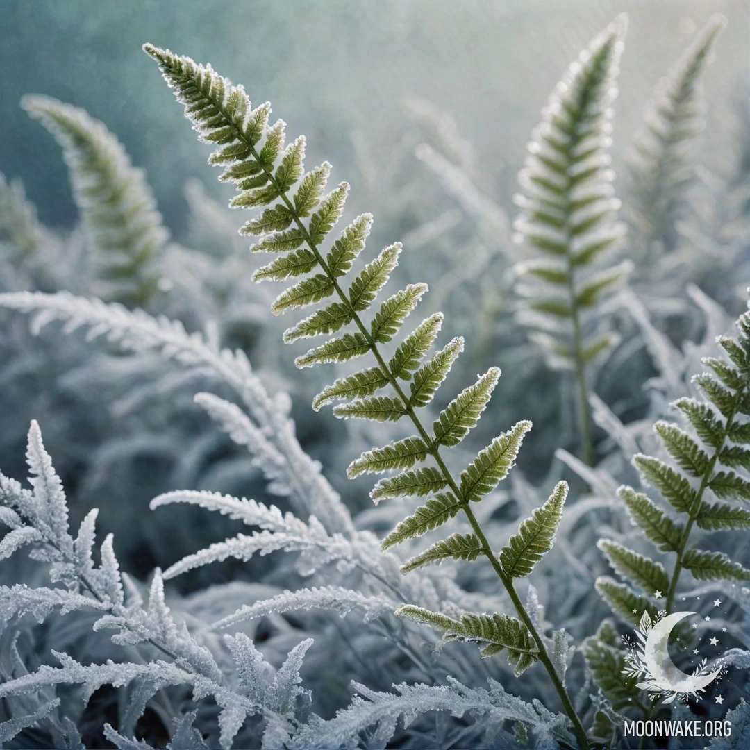 Нежный папоротник, украшенный морозом и блестками, в цветах морской волны.