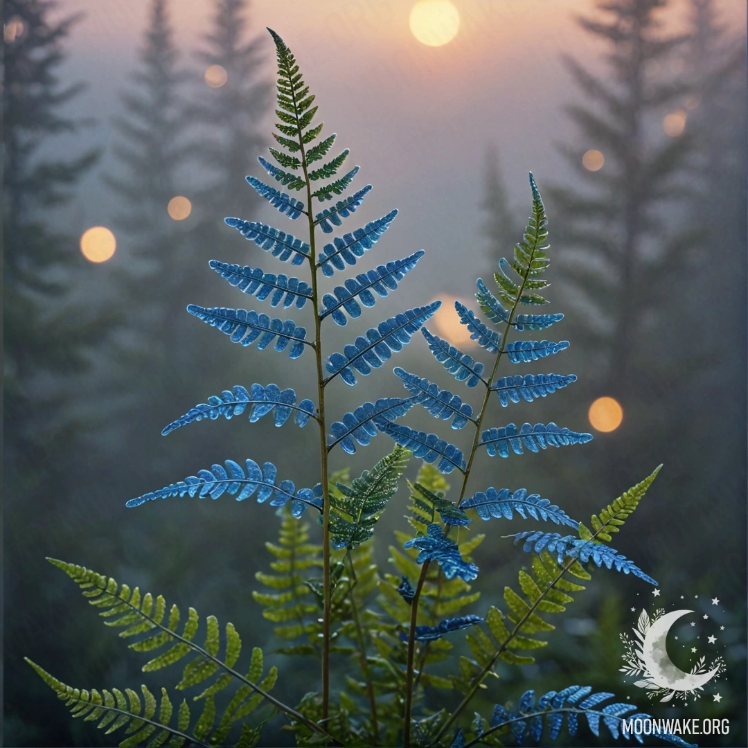 Нежный синий папоротник в тумане во время заката.
