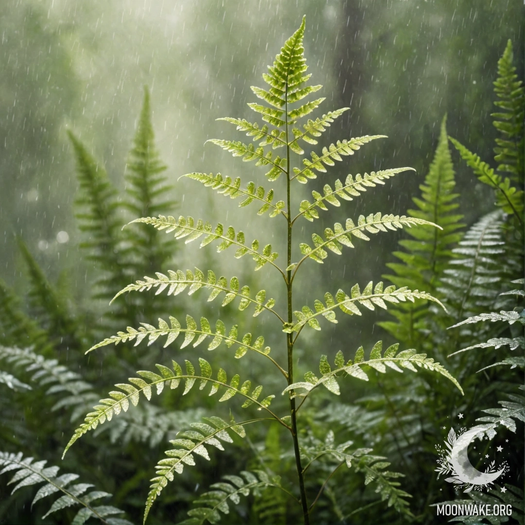 Спокойная сцена с нежным папоротником в тумане, украшенным солнечными лучами и стразами.