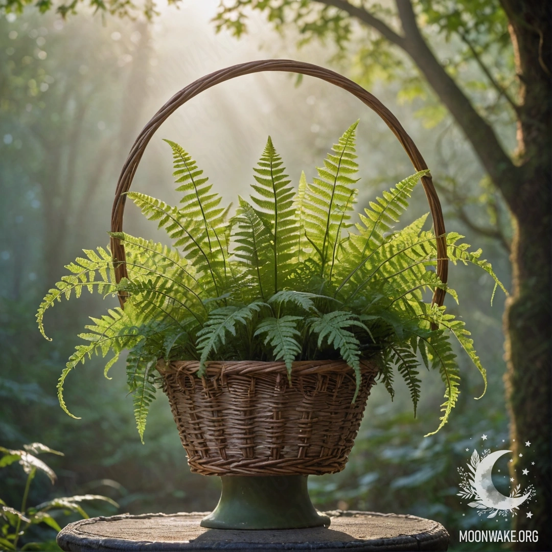 Корзина, наполненная нежным папоротником, окруженная туманом и солнечными лучами.