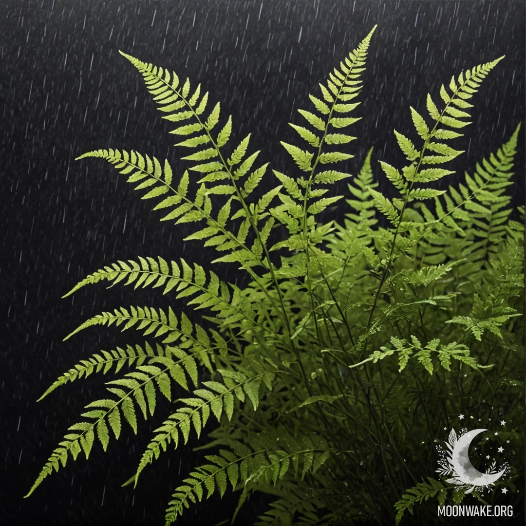 Нежный букет папоротника лавандового цвета под дождем ночью.