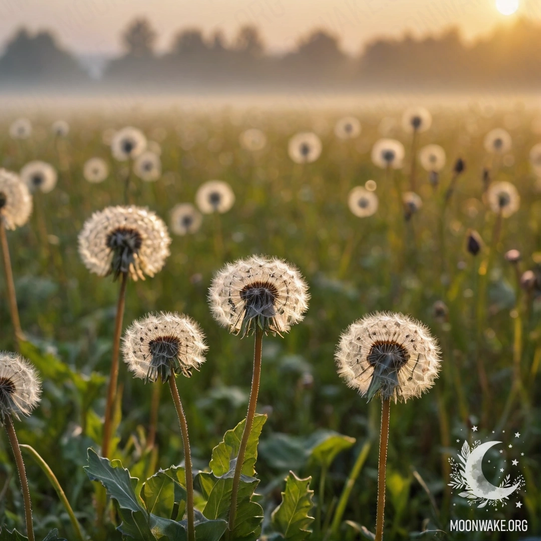 Крупный план одуванчиков на фоне мягкого боке и тумана на закате.