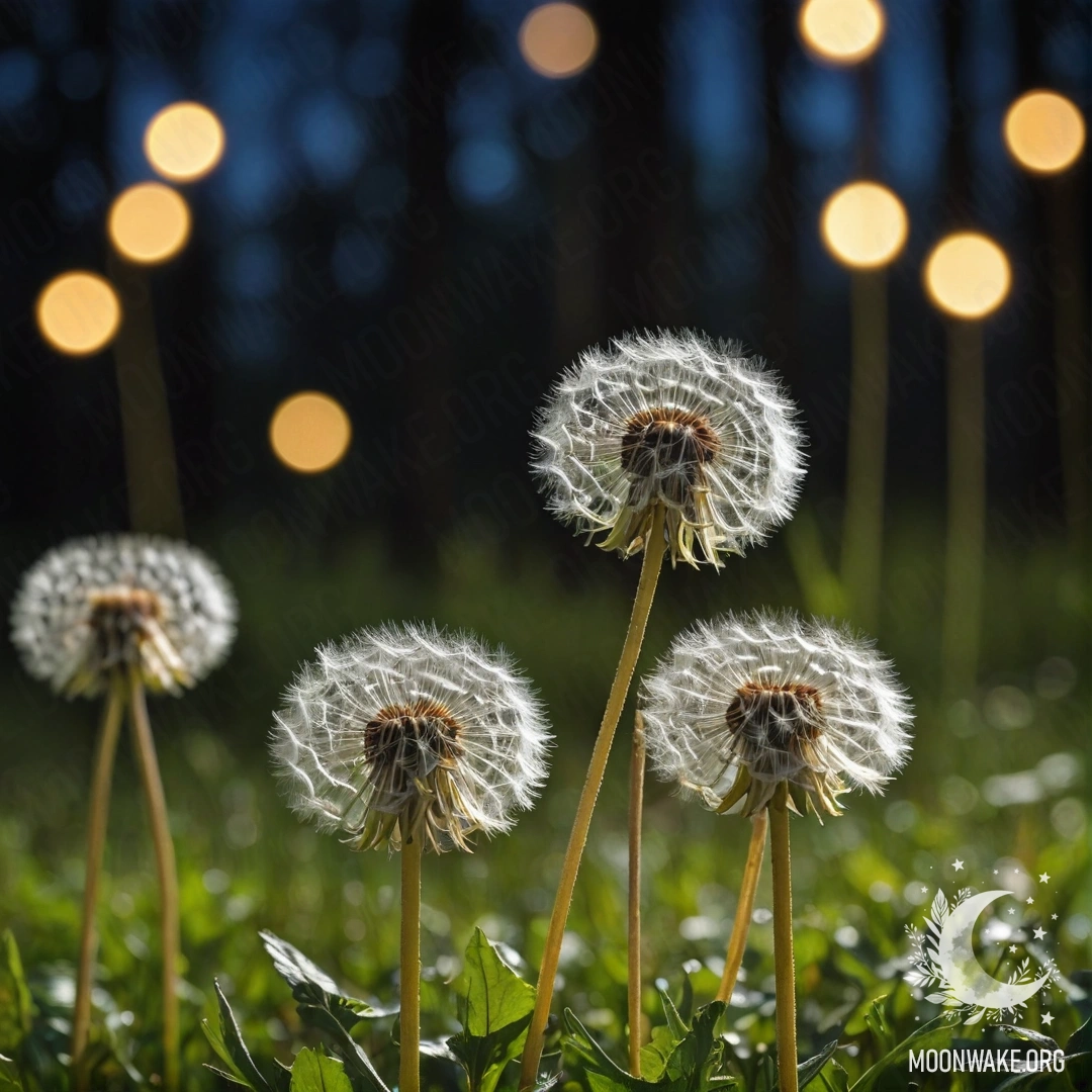 Крупный план нежных одуванчиков на фоне темного леса с эффектом боке.