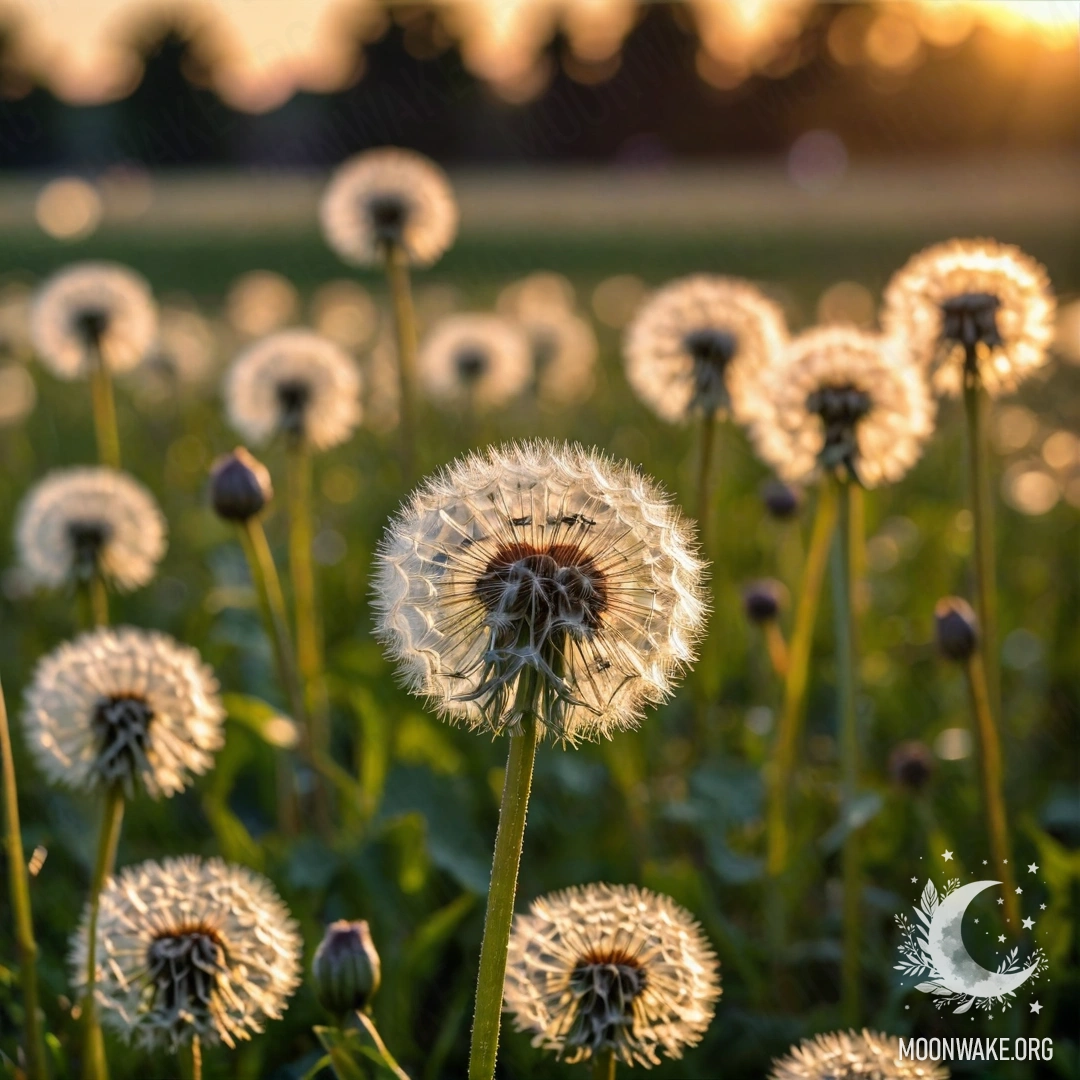 Крупный план одуванчиков на поле на фоне закатного боке.