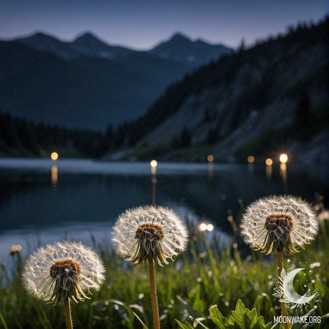 Крупный план одуванчиков на поле с размытым фоном горного озера ночью.