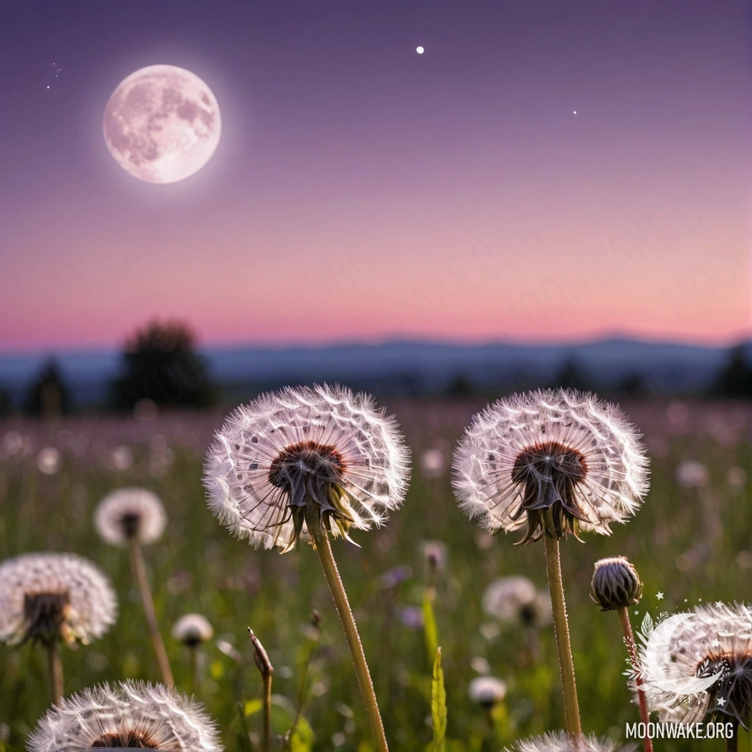 Крупный план одуванчиков на фоне розовато-фиолетового неба с луной, частично затененной солнцем.