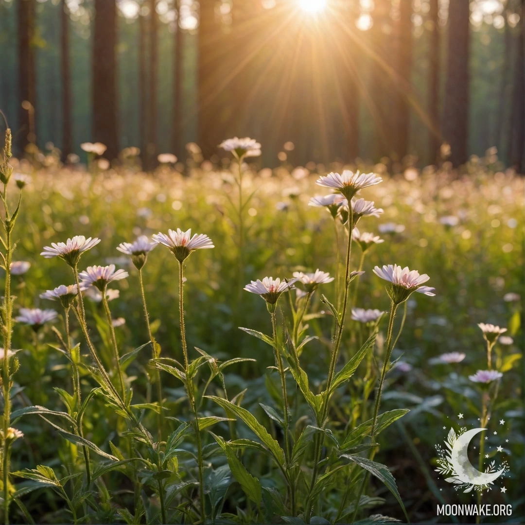 Крупный план нежных полевых цветов на фоне размытых контуров леса с солнечными лучами