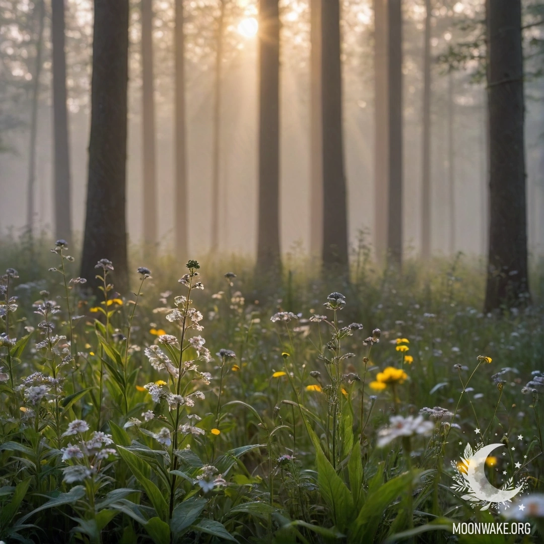 Крупный план нежных полевых цветов на фоне леса с эффектом боке и солнечными бликами, пробивающимися сквозь деревья.