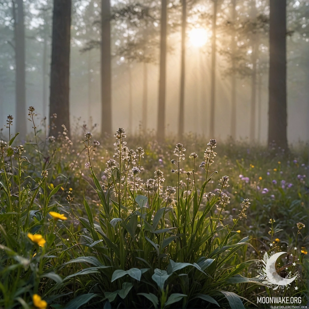 Крупный план нежных цветов на фоне размытого леса с солнечными лучами.