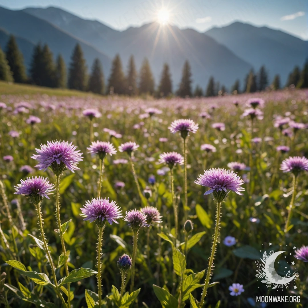 Крупный план нежных полевых цветов на фоне размытого горного пейзажа.