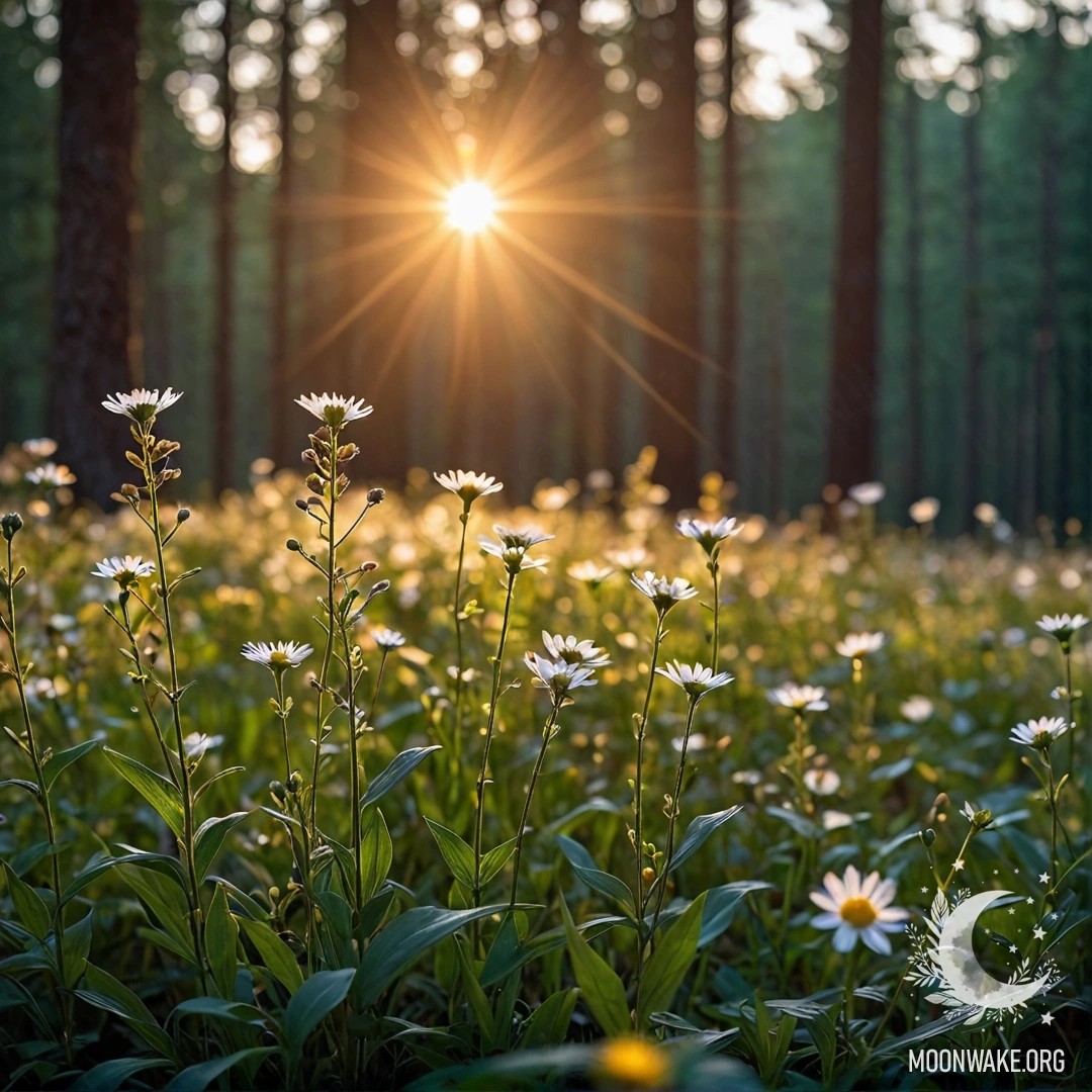 Крупный план нежных полевых цветов, освещенных солнечными лучами ночью, на фоне размытого леса.