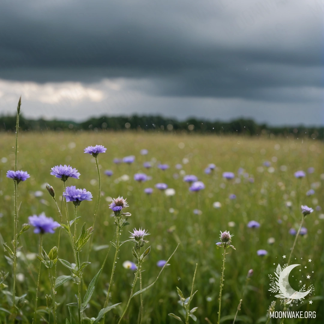 Крупный план нежных полевых цветов на фоне размытого неба с облаками, нежный дождь омывает их лепестки.
