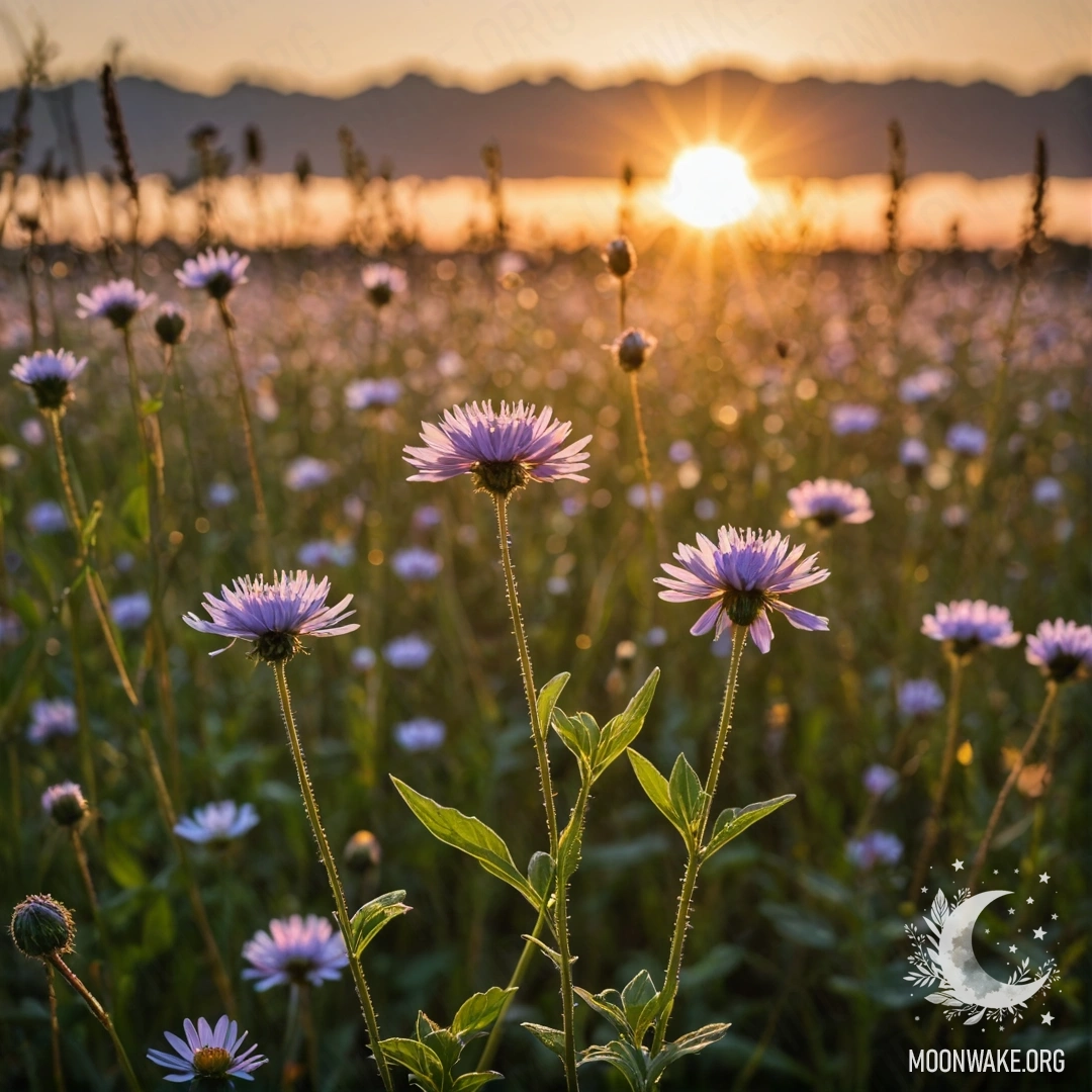 Крупный план нежных полевых цветов, освещенных боке заката.