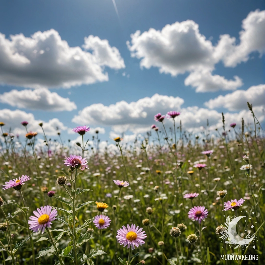 Близкий план нежных полевых цветов на фоне размытого неба.