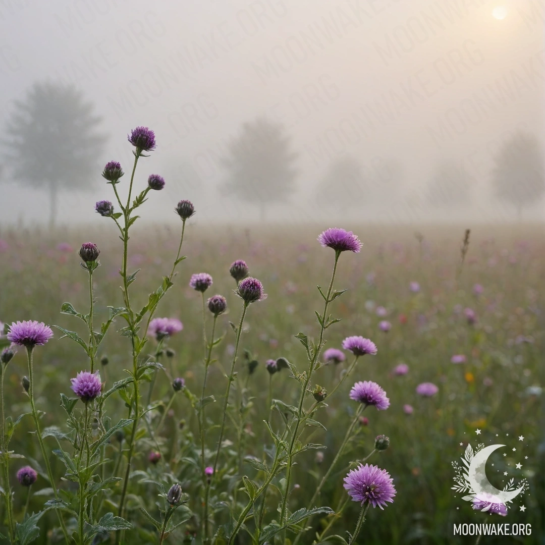 Крупный план нежных полевых цветов на фоне неясного неба, окруженный густым туманом.