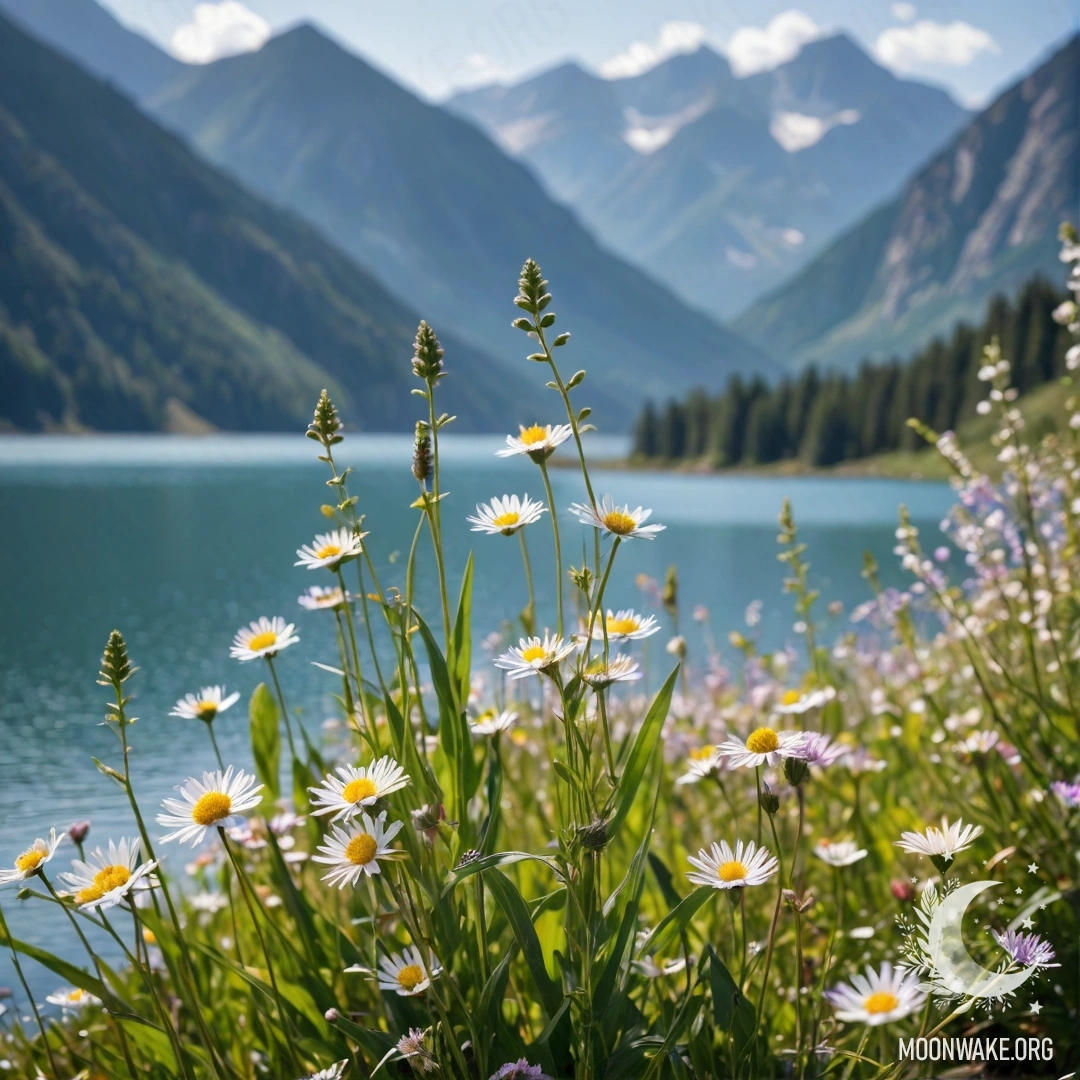 Крупный план нежных полевых цветов на фоне размытый горного озера в солнечный день.